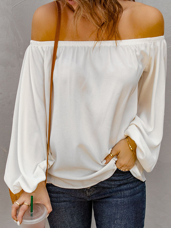 Shecharme Off Shoulder Solid Color Loose Lantern Sleeve Blouse T-Shirt Tops