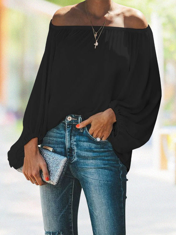 Shecharme Off Shoulder Solid Color Loose Lantern Sleeve Blouse T-Shirt Tops