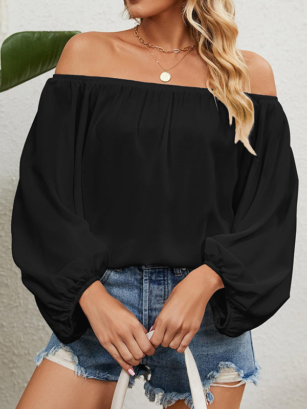 Shecharme Off Shoulder Solid Color Loose Lantern Sleeve Blouse T-Shirt Tops