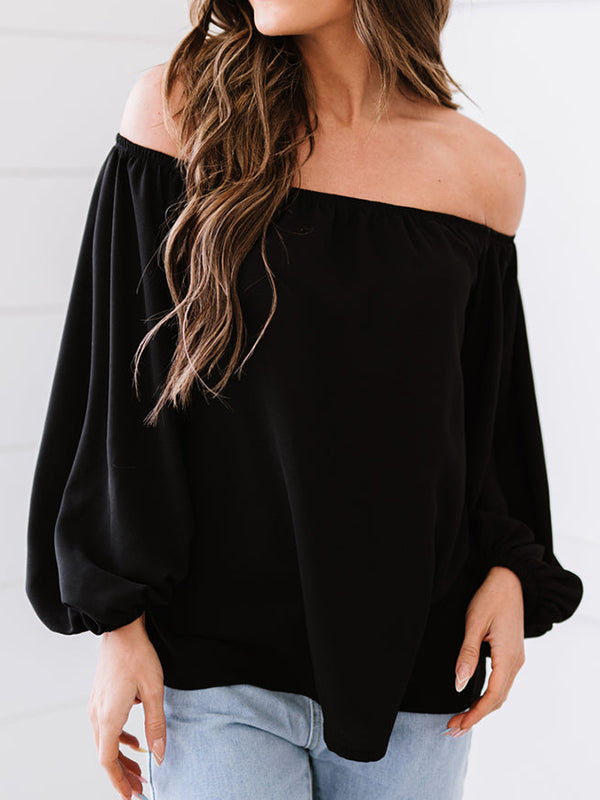 Shecharme Off Shoulder Solid Color Loose Lantern Sleeve Blouse T-Shirt Tops