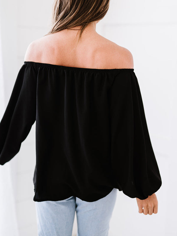 Shecharme Off Shoulder Solid Color Loose Lantern Sleeve Blouse T-Shirt Tops