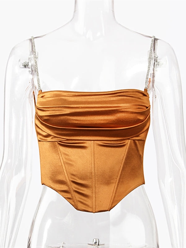 Shecharme Brown Y2K Ruched Push Up Backless Sleeveless Shiny Rhinestones Cami Streetwear Top