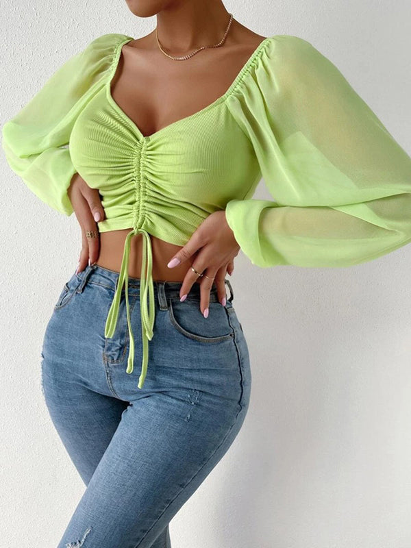 Shecharme Fashionable Cute Chiffon Casual Long Sleeve Blouses Elegant Crop Top