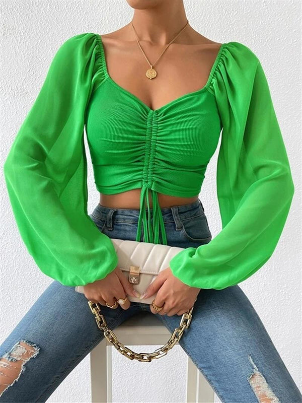 Shecharme Fashionable Cute Chiffon Casual Long Sleeve Blouses Elegant Crop Top