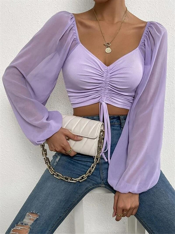 Shecharme Fashionable Cute Chiffon Casual Long Sleeve Blouses Elegant Crop Top