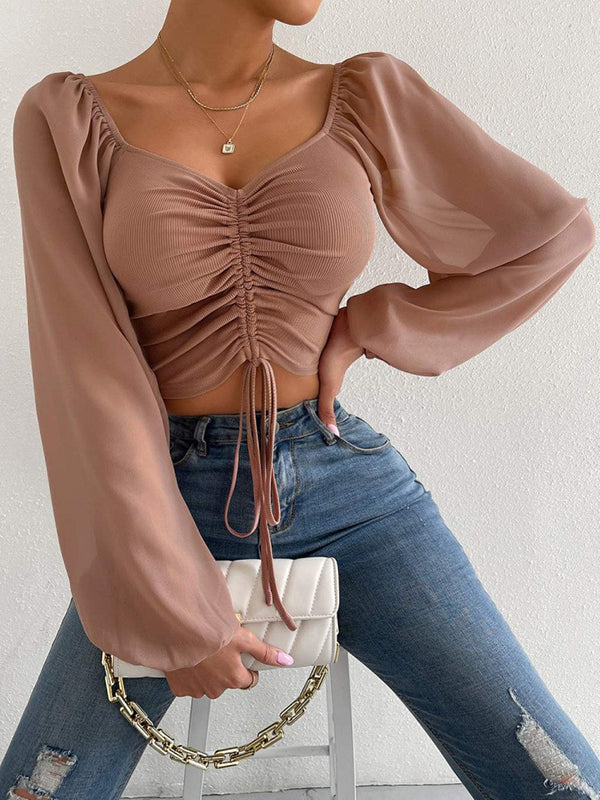 Shecharme Fashionable Cute Chiffon Casual Long Sleeve Blouses Elegant Crop Top