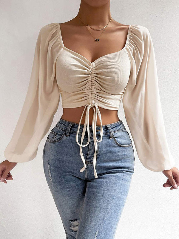 Shecharme Fashionable Cute Chiffon Casual Long Sleeve Blouses Elegant Crop Top