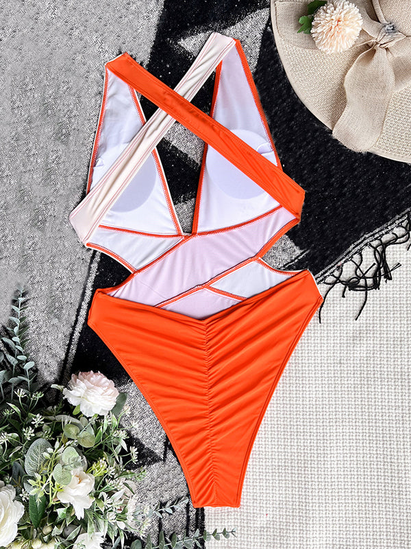 Shecharme Plain Patchwork Color Block Cross Back Swimwear