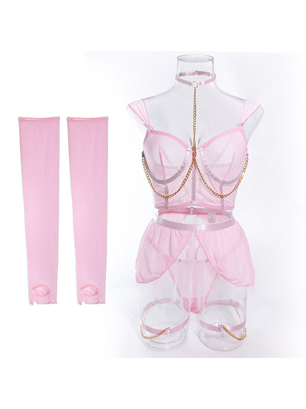 Shecharme Pink 4 Pieces Mesh Grenadine Sheer Sexy Underwear Cute Chain Cover With Gloves Underwire Lingerie Set Mesh Bra and Panty Set