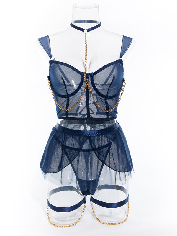 Shecharme Navy Blue 4 Pieces Mesh Grenadine Sheer Sexy Underwear Cute Chain Cover With Gloves Underwire Lingerie Set Mesh Bra and Panty Set