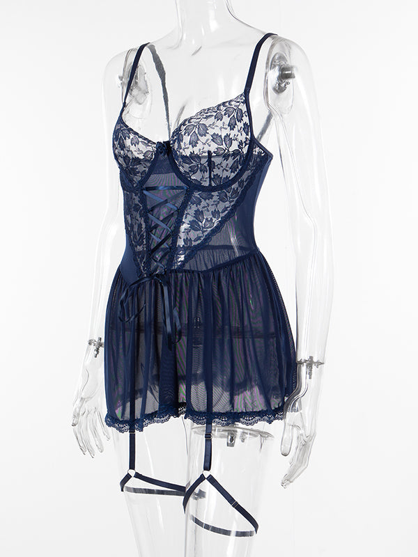 Shecharme Dark Blue Floral Embroidery Lace Up Lingerie Set Underwire Garter Lingerie Dress