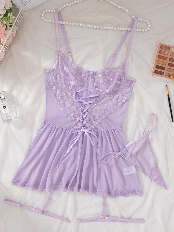 Shecharme Light Purple Floral Embroidery Lace Up Lingerie Set Underwire Garter Lingerie Dress