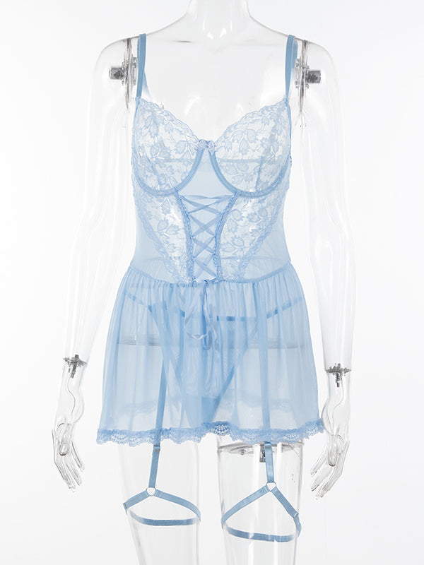 Shecharme Light Blue Floral Embroidery Lace Up Lingerie Set Underwire Garter Lingerie Dress