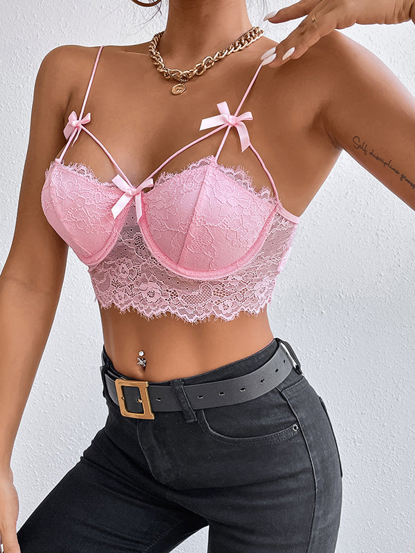 Shecharme Light Pink Plain Patchwork Lace Bandeau Condole Belt Sexy Camisoles