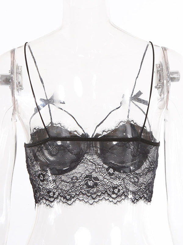 Shecharme Black Plain Patchwork Lace Bandeau Condole Belt Sexy Camisoles