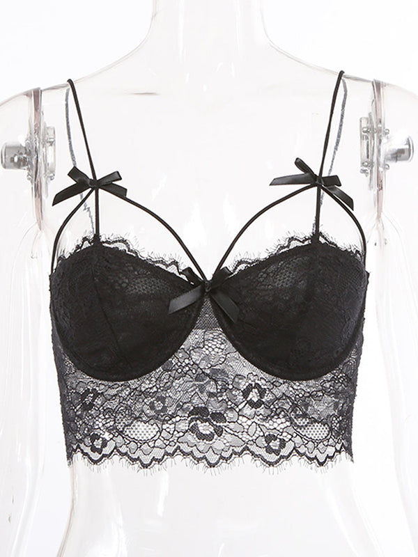 Shecharme Black Plain Patchwork Lace Bandeau Condole Belt Sexy Camisoles