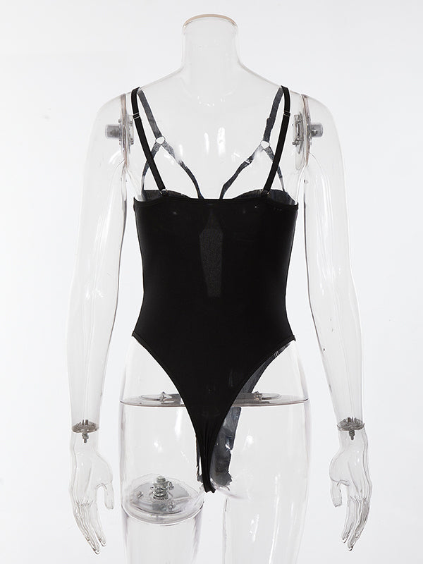 Shecharme Black Patchwork Grenadine Condole Belt Sexy Bodysuit