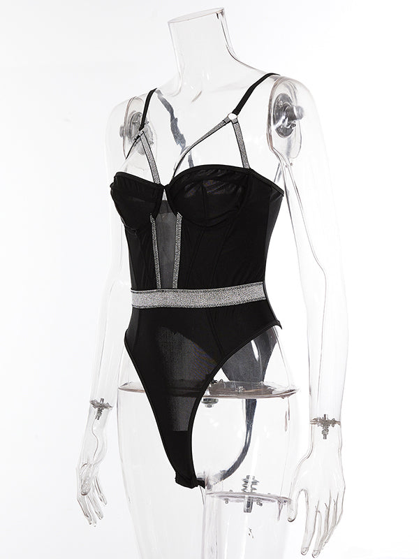 Shecharme Black Patchwork Grenadine Condole Belt Sexy Bodysuit