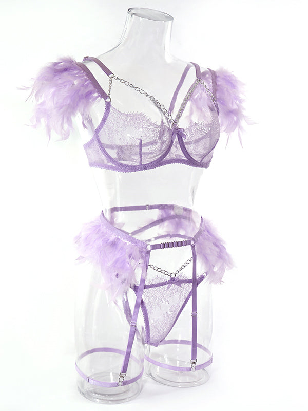 Shecharme Purple Patchwork Chain Lace Feather Sexy Three Piece Underwear Set