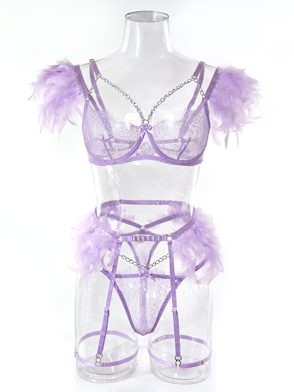 Shecharme Purple Patchwork Chain Lace Feather Sexy Three Piece Underwear Set
