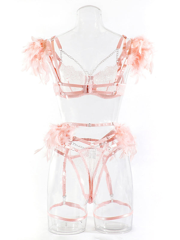 Shecharme Pink Patchwork Chain Lace Feather Sexy Three Piece Underwear Set
