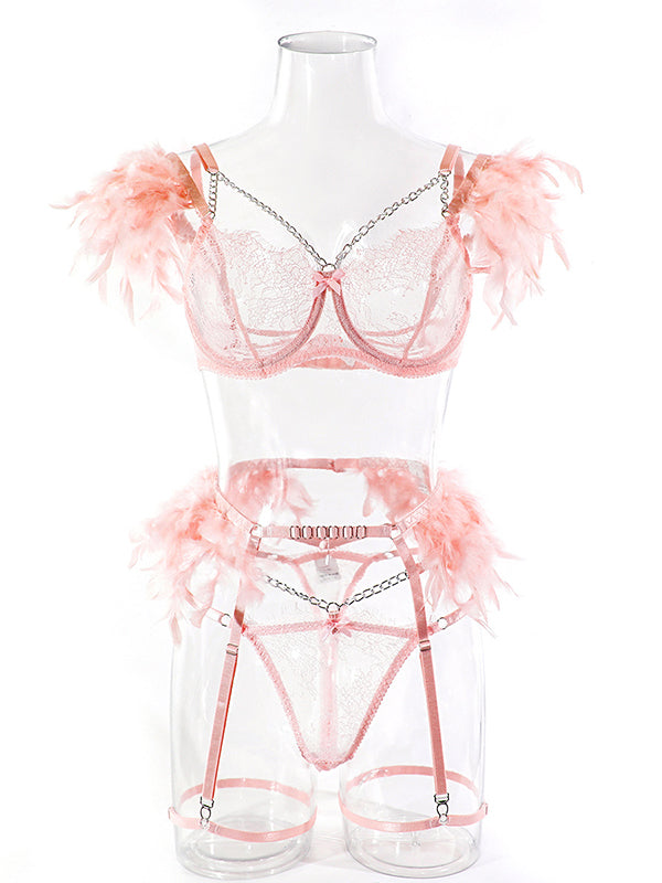 Shecharme Pink Patchwork Chain Lace Feather Sexy Three Piece Underwear Set