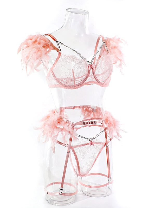 Shecharme Pink Patchwork Chain Lace Feather Sexy Three Piece Underwear Set