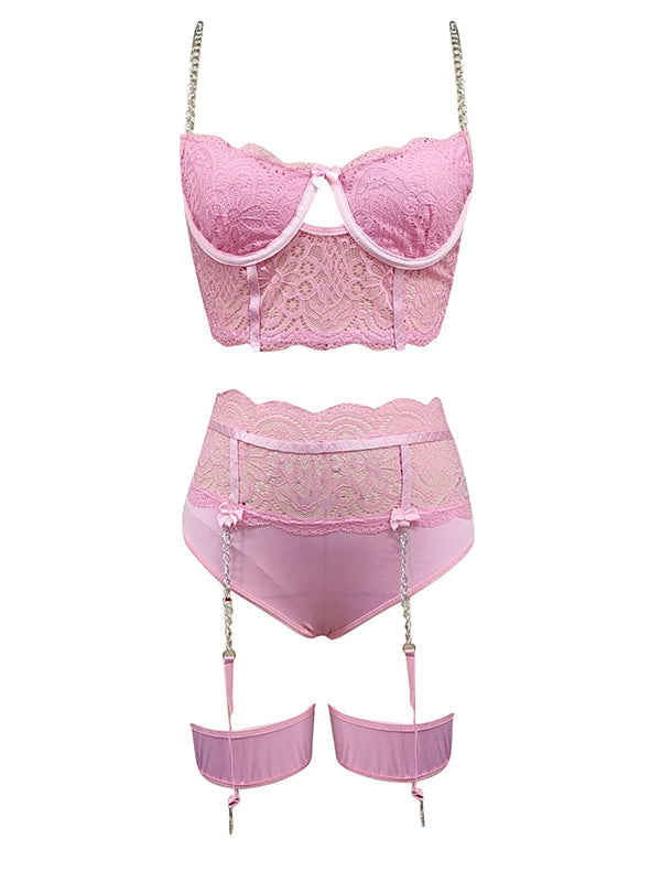 Shecharme Pink Womens Sexy Lingerie 4pcs Contrast Lace Underwire Garter Lingerie Set with Leg Ring Sexy Nightwear Lingerie for Party