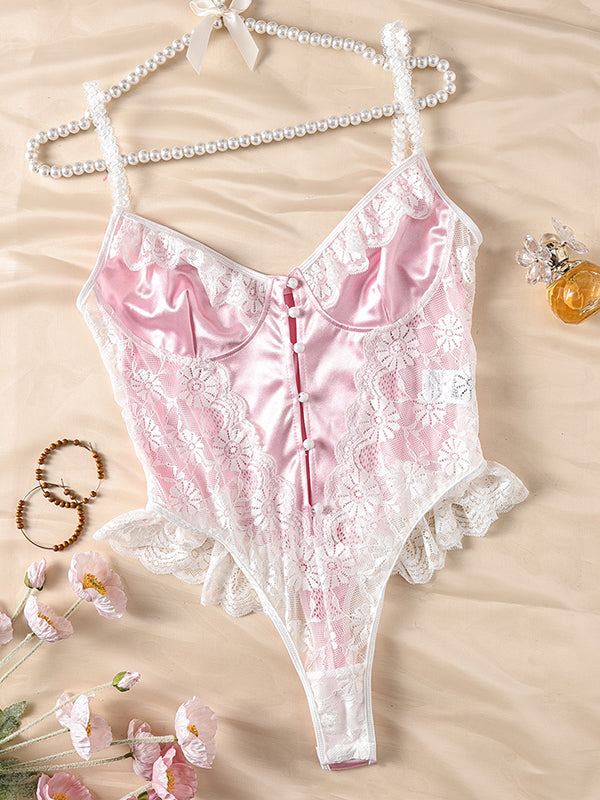 Shecharme Pink Nightgown Sexy with Bra Cups Ladies Solid Colour Lace Flower Embroidery Splicing Waistband Sexy Lingerie Set