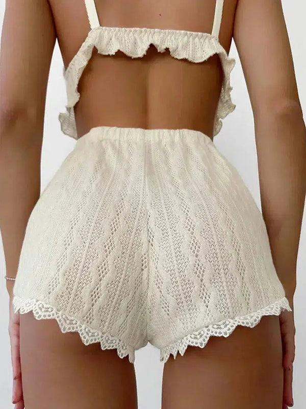 Shecharme White Ruffled Crop Top & Lace Trim Shorts Two Piece Set