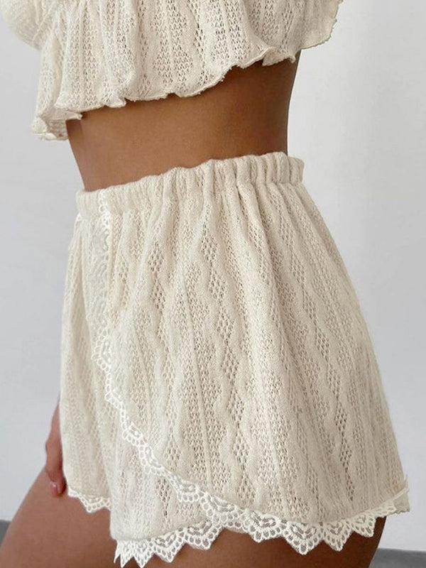 Shecharme White Ruffled Crop Top & Lace Trim Shorts Two Piece Set