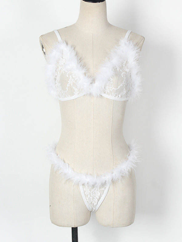 Shecharme White Sexy Two Piece Fuzzy Lingerie Set Naughty Plus Size See Through Mesh Teddy Bras