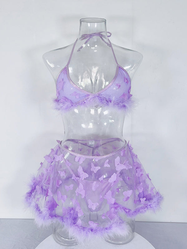 Shecharme Purple Lingerie Butterfly Mesh Mini Skirt Nightwear Babydoll Bodysuit Babydoll Party Club Nightwear 3 Pieces