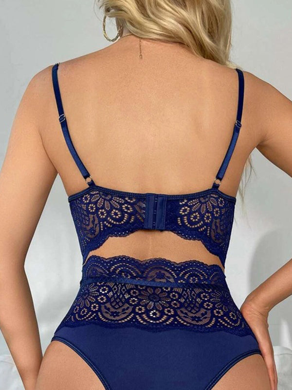 Shecharme Blue Womens Sexy Lingerie 4pcs Contrast Lace Underwire Garter Lingerie Set with Leg Ring Sexy Nightwear Lingerie for Party