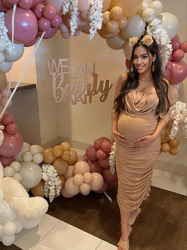 Shecharme Khaki Ruched Off Shoulder Belly Friendly Baby Shower Club Party Tube Bodycon Maternity Midi Dress