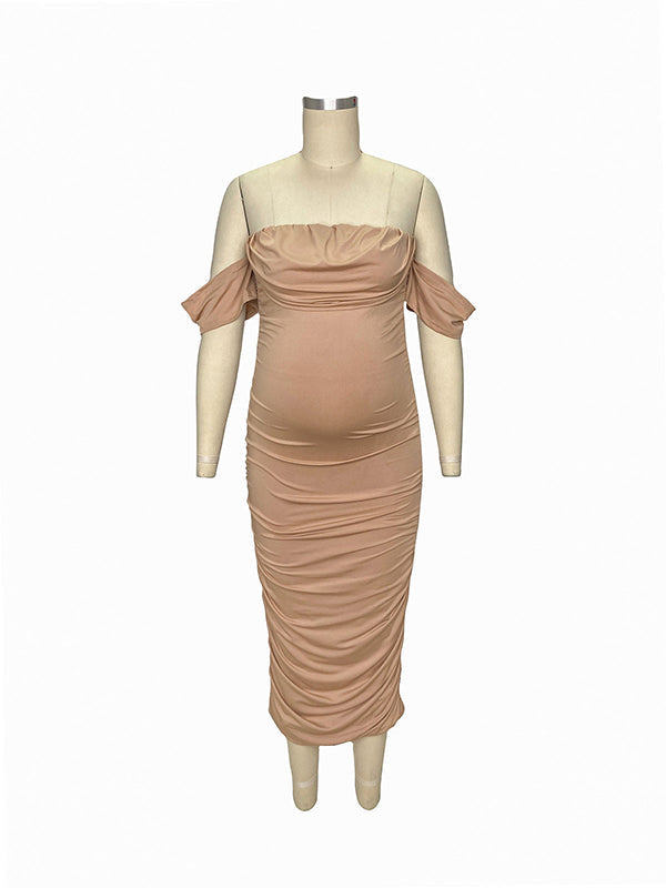 Shecharme Khaki Ruched Off Shoulder Belly Friendly Baby Shower Club Party Tube Bodycon Maternity Midi Dress