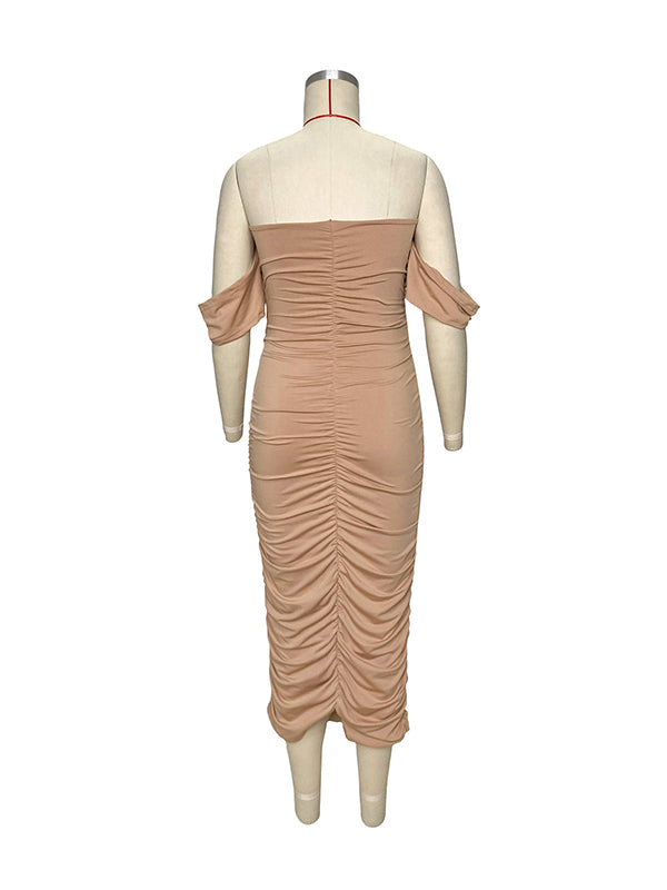 Shecharme Khaki Ruched Off Shoulder Belly Friendly Baby Shower Club Party Tube Bodycon Maternity Midi Dress