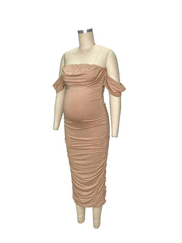 Shecharme Khaki Ruched Off Shoulder Belly Friendly Baby Shower Club Party Tube Bodycon Maternity Midi Dress