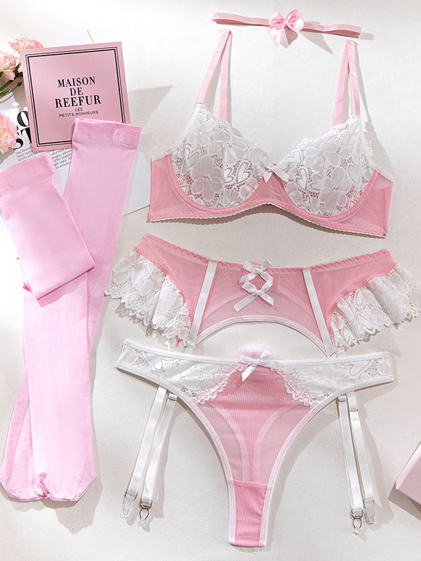 Shecharme Pink Sexy bra set lacemesh Patchwork nurse outfit sexy lingerie five-piece set