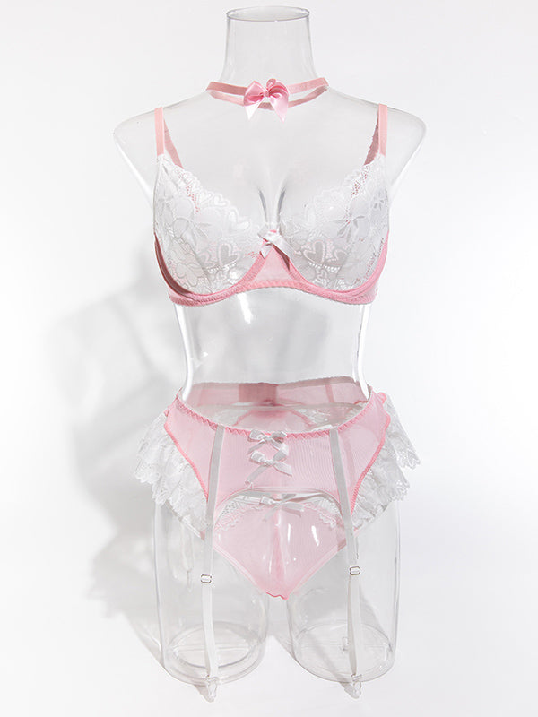 Shecharme Pink Sexy bra set lacemesh Patchwork nurse outfit sexy lingerie five-piece set