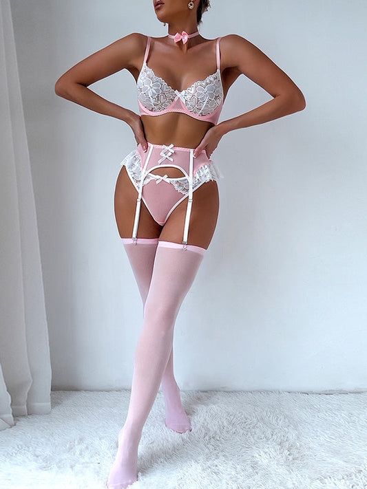 Shecharme Pink Sexy bra set lacemesh Patchwork nurse outfit sexy lingerie five-piece set