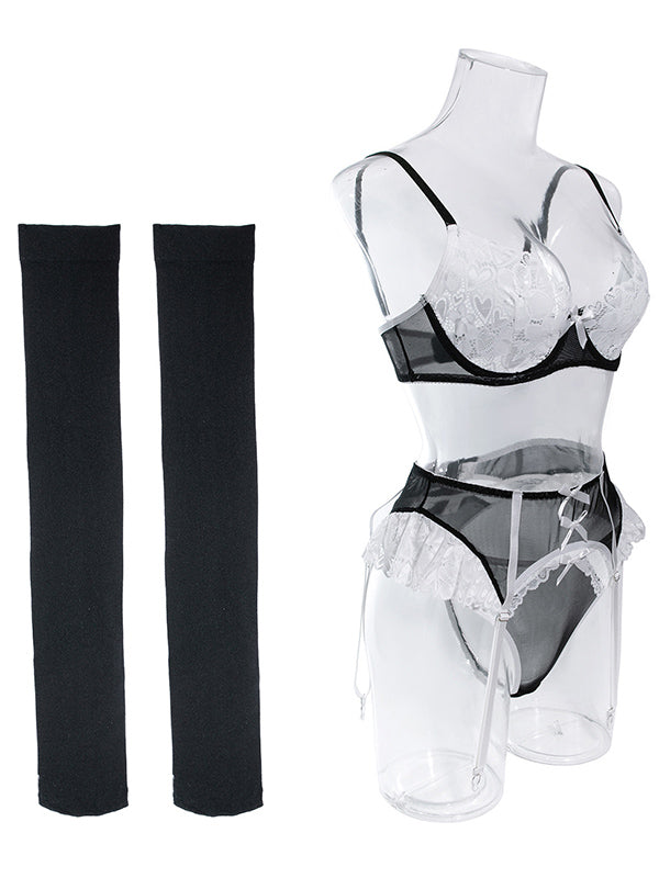 Shecharme Black Sexy bra set lacemesh Patchwork nurse outfit sexy lingerie five-piece set