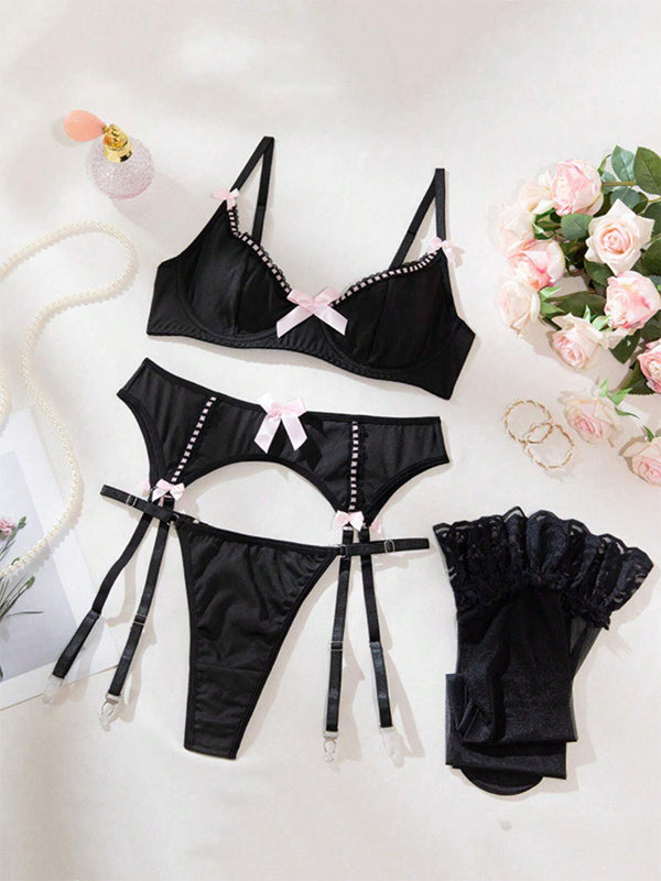 Shecharme Black Sexy Lingerie With Garter And Stockings Bow Tie Lingerie Push Up Bra And Paty Sexi Thong Lingerie 4 Piece Set