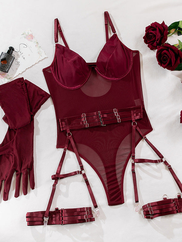 Shecharme Wine Red Women's Lingerie Strappy Sheer Suspenders Teddy Bodysuit Naughty for Sex Sexy Lingerie Set