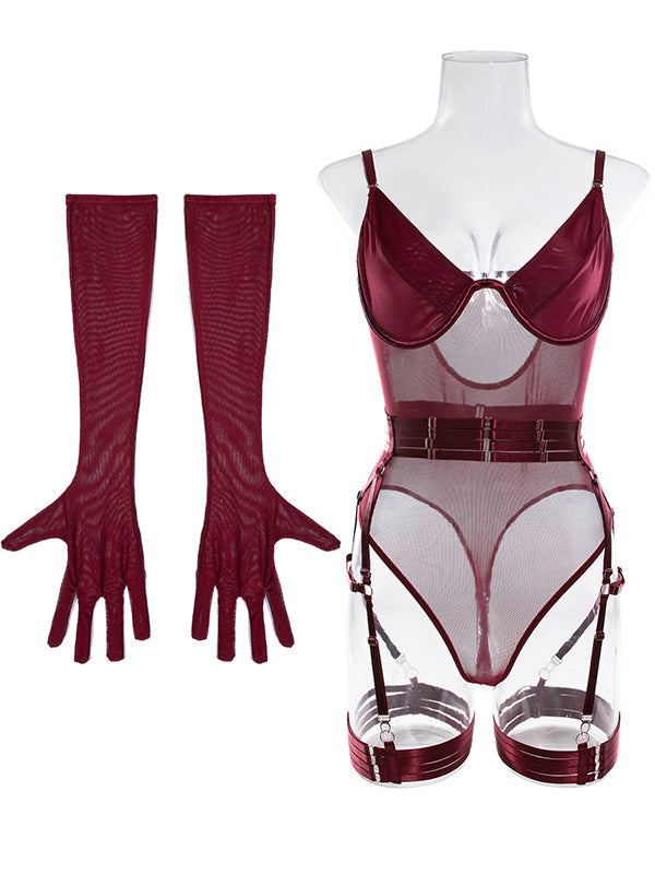 Shecharme Wine Red Women's Lingerie Strappy Sheer Suspenders Teddy Bodysuit Naughty for Sex Sexy Lingerie Set