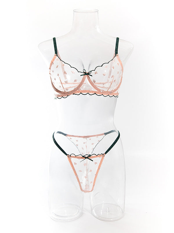 Shecharme Pink Patchwork Card pattern embroidery transparent lace underwire push-up bra set