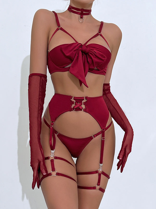 Shecharme Wine Red Sexy temptation garter hollow gather four-piece set