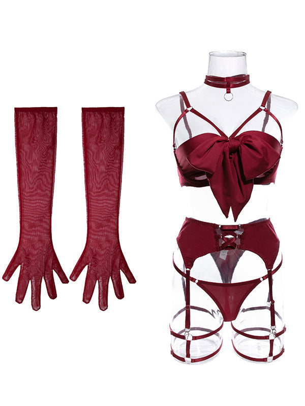 Shecharme Wine Red Sexy temptation garter hollow gather four-piece set