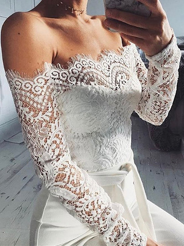 Shecharme White Lace Off Shoulder Bodycon Bridesmaid Playsuit Party Long Trousers Pants Jumpsuit