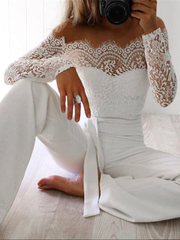 Shecharme White Lace Off Shoulder Bodycon Bridesmaid Playsuit Party Long Trousers Pants Jumpsuit